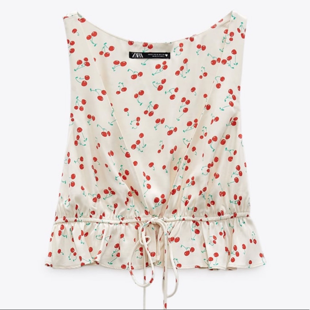 ZARA - Satin Cherry Front Tie Top